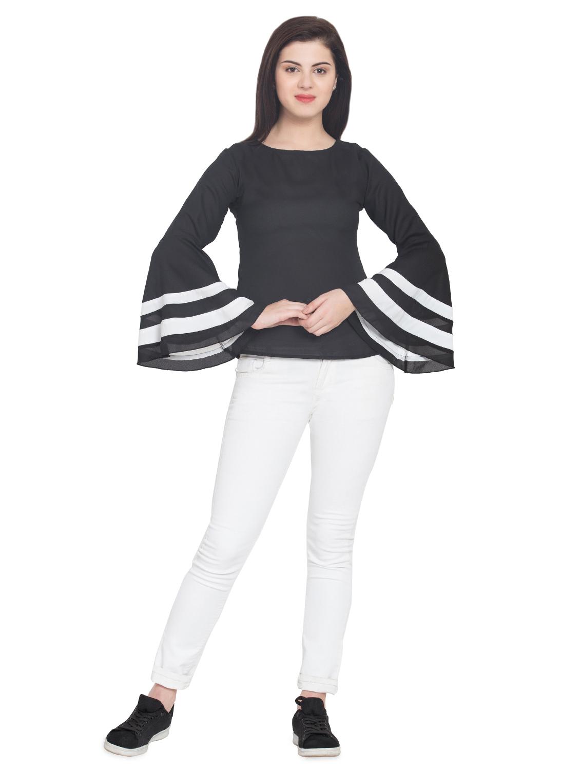 contrast striped bell sleeved top - 15955277 - Zoom Image - 4