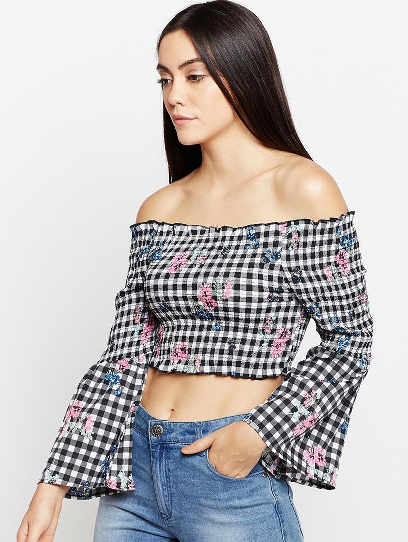 off shoulder smocked crop top - 15956931 - Zoom Image - 2