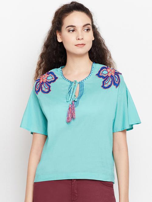 tie up neck embroidered top - 15956938 - Standard Image - 1