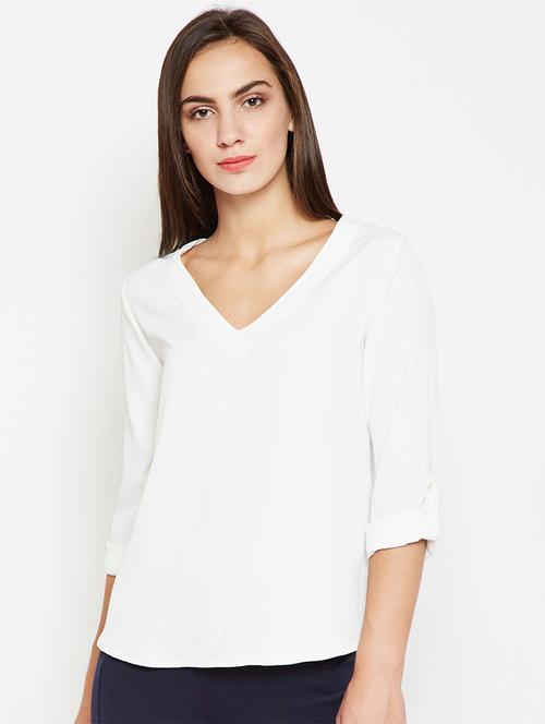 curved hem v-neck top - 15956958 - Standard Image - 1
