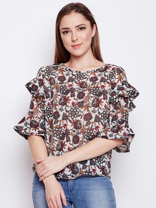 cut out back ruffled bell sleeved top - 15956978 - Standard Image - 1