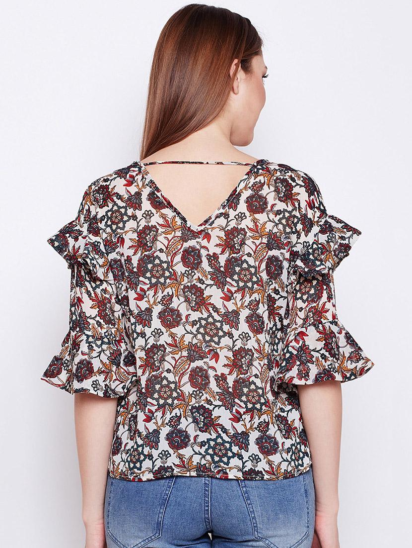 cut out back ruffled bell sleeved top - 15956978 - Zoom Image - 3