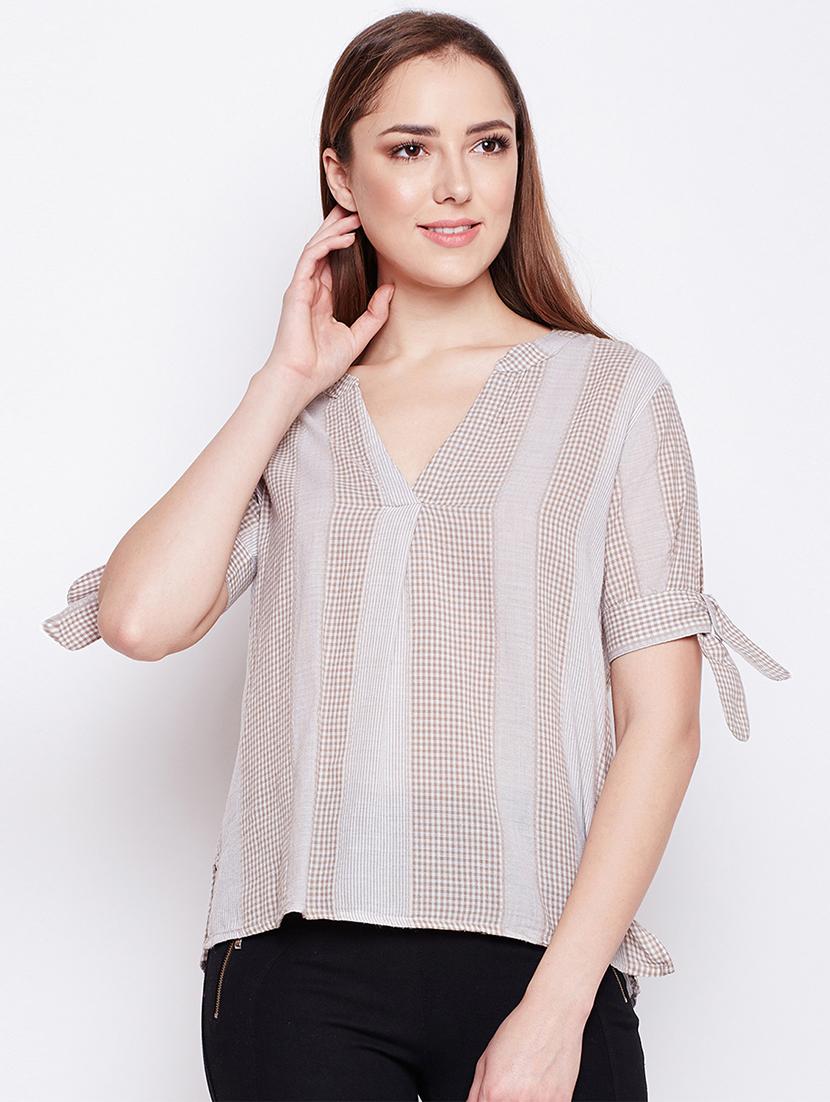 tie up checkered striped top - 15956984 - Zoom Image - 1