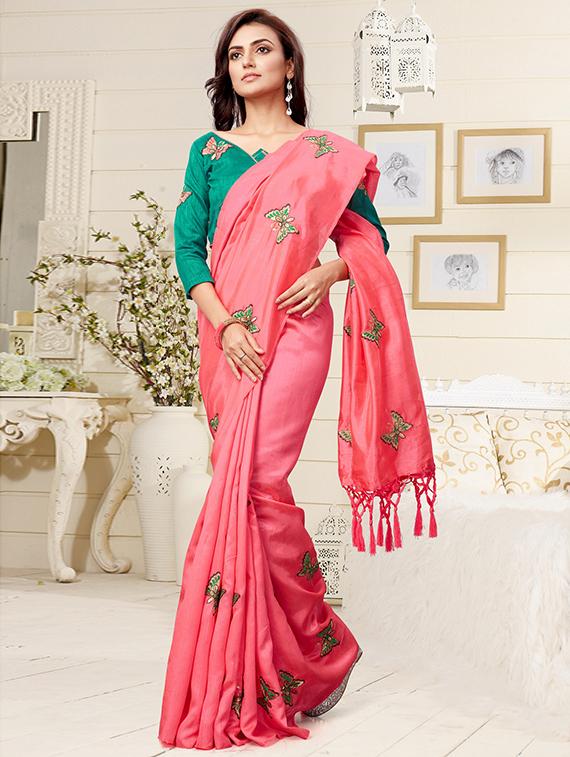 conversational peach embroidered saree with blouse - 15957896 - Zoom Image - 1