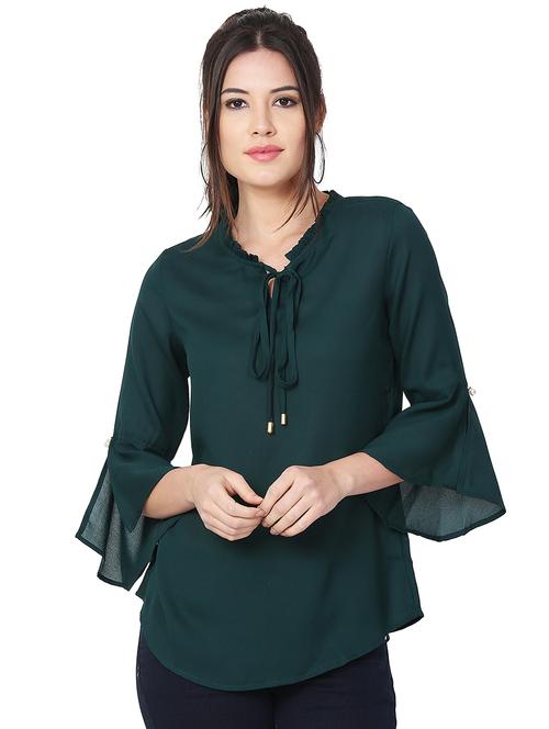 frill trim tie up neck top - 15957931 - Standard Image - 1