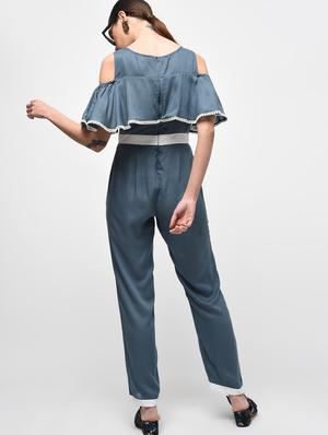 lace trim cold shoulder layered jumpsuit - 15959293 - Standard Image - 4