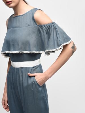 lace trim cold shoulder layered jumpsuit - 15959293 - Standard Image - 5