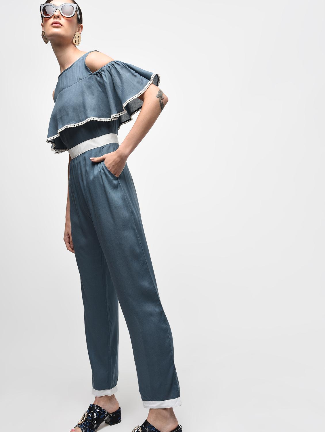 lace trim cold shoulder layered jumpsuit - 15959293 - Zoom Image - 3