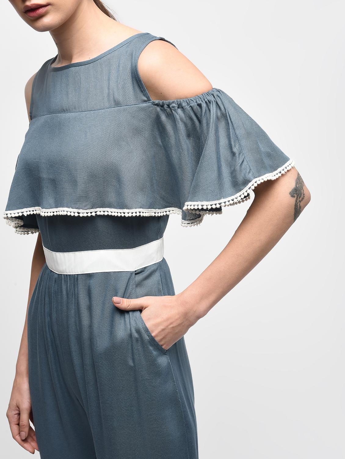lace trim cold shoulder layered jumpsuit - 15959293 - Zoom Image - 5