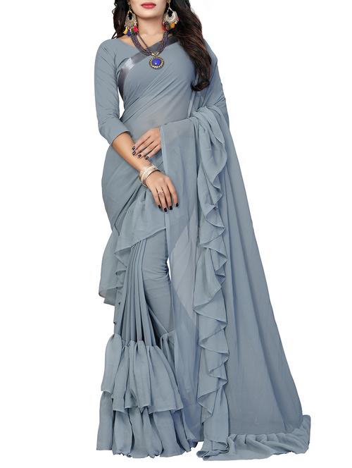 ruffle border grey saree with blouse - 15962019 - Very Small Image - 1