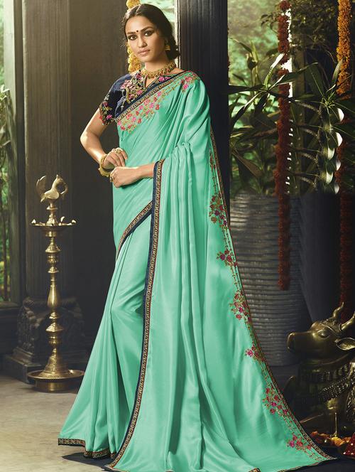 floral embroidered turquoise saree with blouse - 15964734 - Standard Image - 1