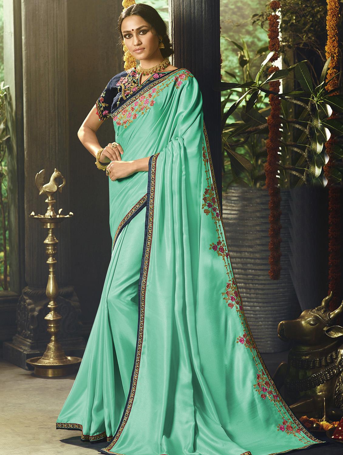 floral embroidered turquoise saree with blouse - 15964734 - Zoom Image - 1