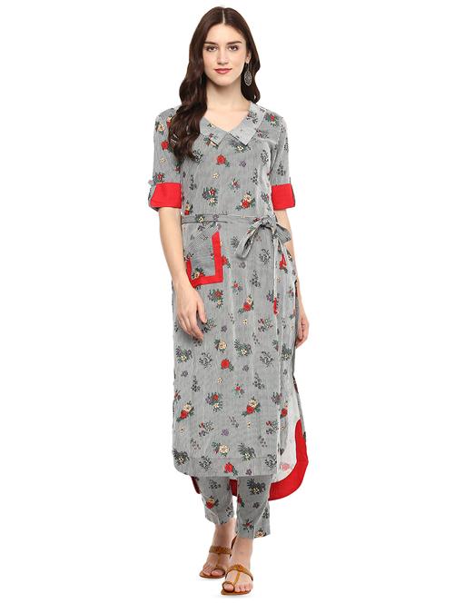 Stripes & floral high-low kurta with pant set - 15965382 - Standard Image - 1