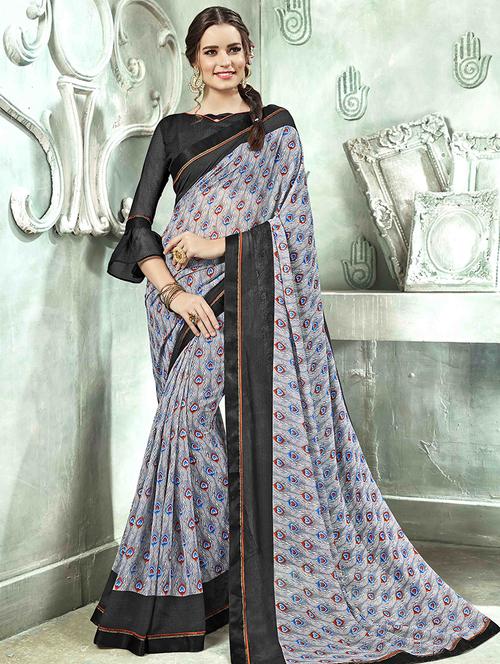 peacock feather motif printed saree with blouse - 15966056 - Very Small Image - 1