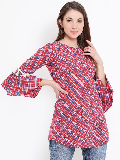 tasseled lace bell sleeved checkered tunic - 15966159 - Standard Image - 1