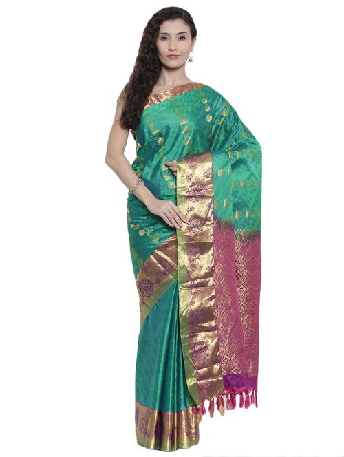 floral zari motif green kanjivaram saree with blouse - 15966789 - Standard Image - 1