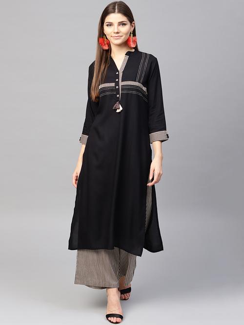 embroidered patch work kurta with stripes palazzo set - 15967584 - Standard Image - 1