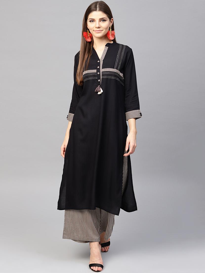 embroidered patch work kurta with stripes palazzo set - 15967584 - Zoom Image - 1