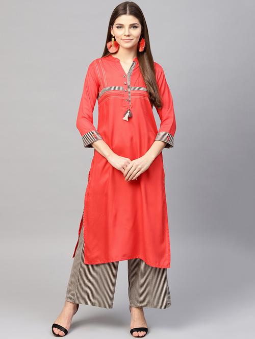embroidered patch work kurta with stripes palazzo set - 15967585 - Standard Image - 1