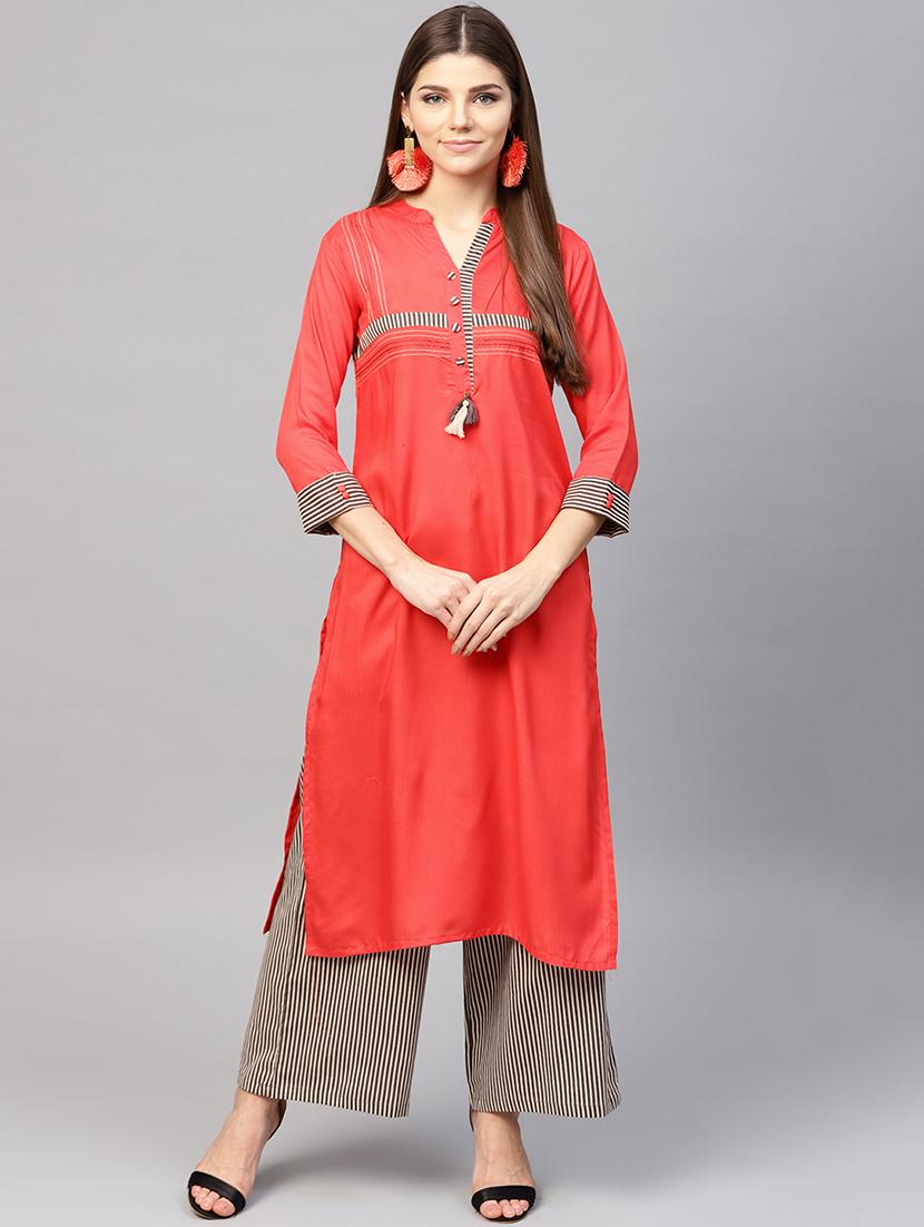 embroidered patch work kurta with stripes palazzo set - 15967585 - Zoom Image - 1