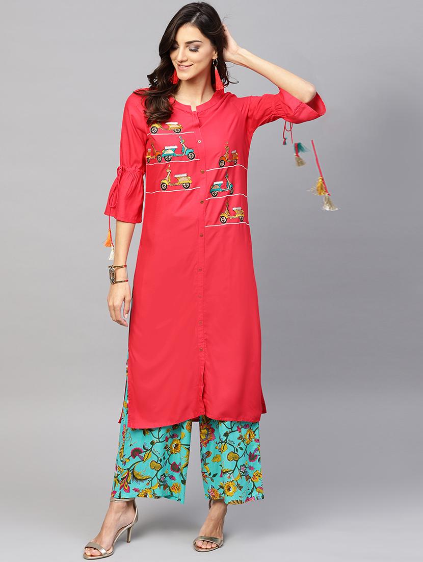 embroidered bell sleeved kurta palazzo set - 15967586 - Zoom Image - 1