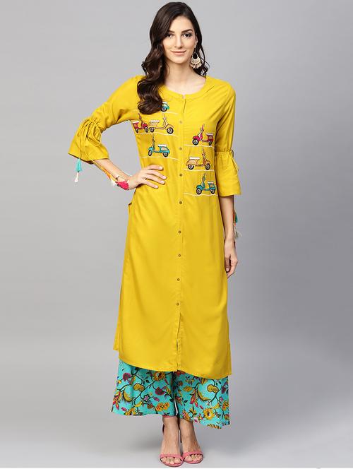 embroidered bell sleeved kurta palazzo set - 15967587 - Standard Image - 1