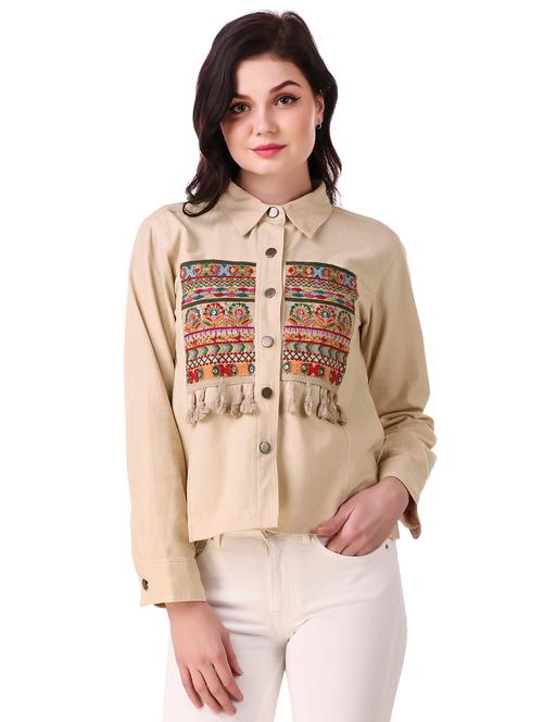 tasseled lace embroidered denim jacket - 15968316 - Standard Image - 1