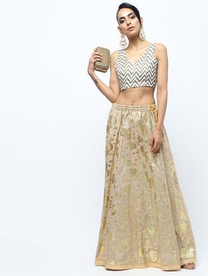 gold self-design brocade flared skirt - 15969156 - Standard Image - 4