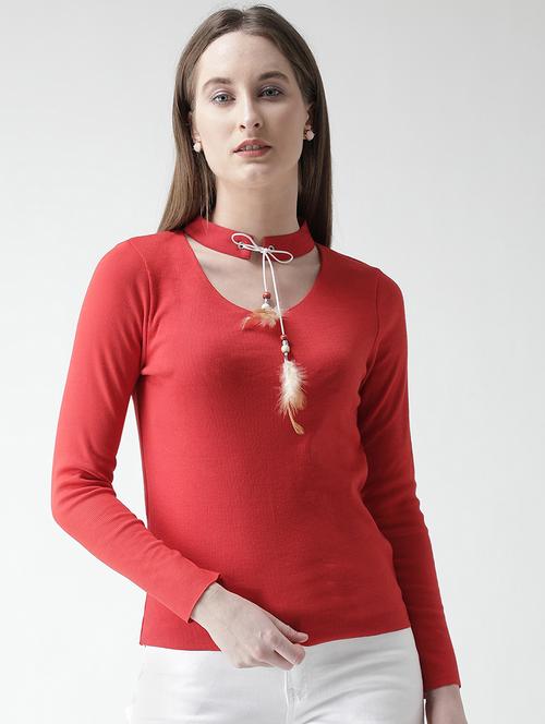 tie up choker neck ribbed top - 15969752 - Standard Image - 1
