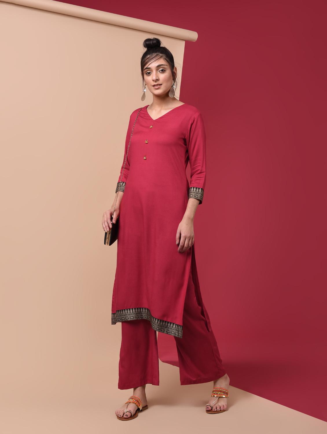 straight solid kurta palazzo set - 15969970 - Zoom Image - 1