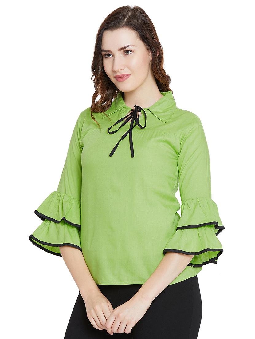 bell sleeved contrast piped top - 15970845 - Zoom Image - 2