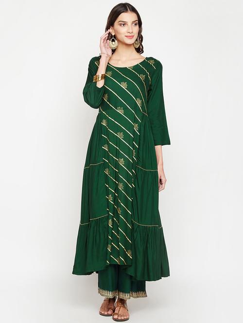 bottle green foil print tiered kurta - 15971494 - Very Small Image - 1