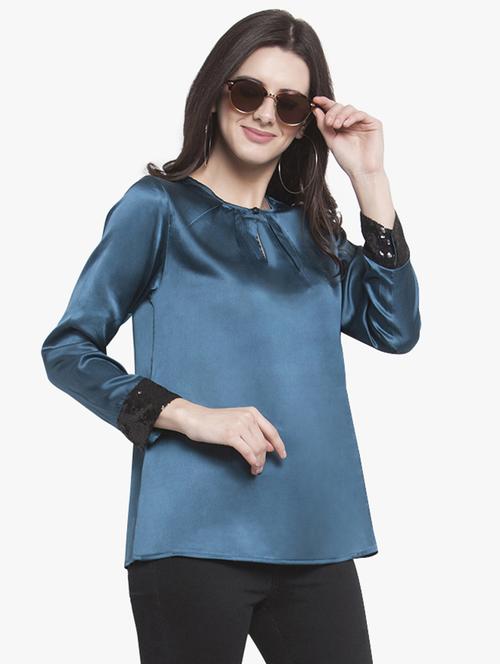 sequined cuff pleated neck top - 15972042 - Standard Image - 1