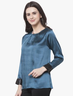 sequined cuff pleated neck top - 15972042 - Standard Image - 2