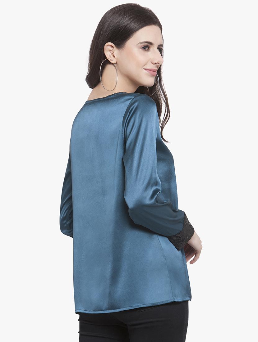sequined cuff pleated neck top - 15972042 - Zoom Image - 3