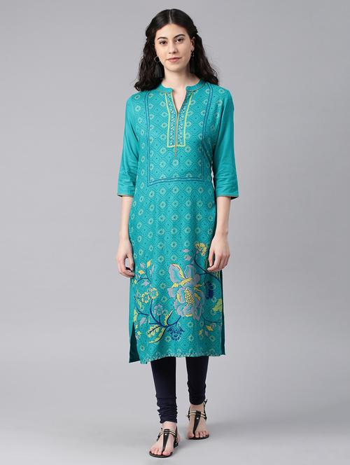 turquoise printed straight kurta - 15972097 - Standard Image - 1