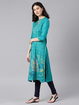 turquoise printed straight kurta - 15972097 - Standard Image - 2