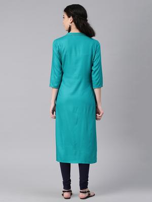 turquoise printed straight kurta - 15972097 - Standard Image - 3