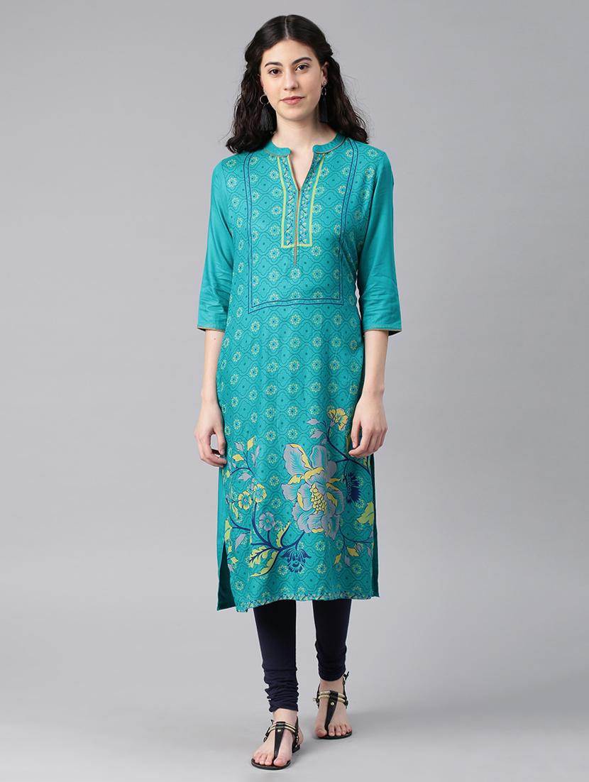 turquoise printed straight kurta - 15972097 - Zoom Image - 1