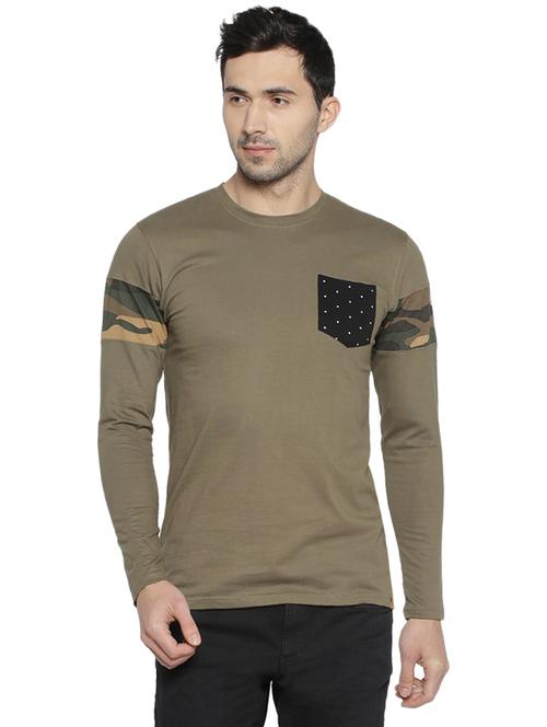 olive green cotton pocket t-shirt with camouflage sleeves - 15972810 - Very Small Image - 1
