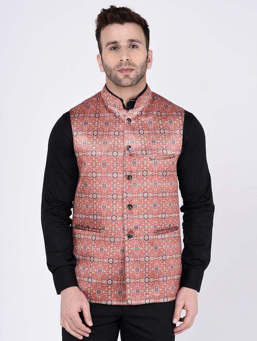 orange printed nehru jacket - 15973464 - Standard Image - 1