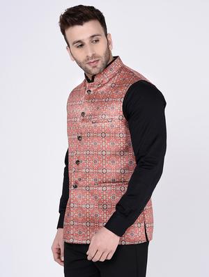 orange printed nehru jacket - 15973464 - Standard Image - 2