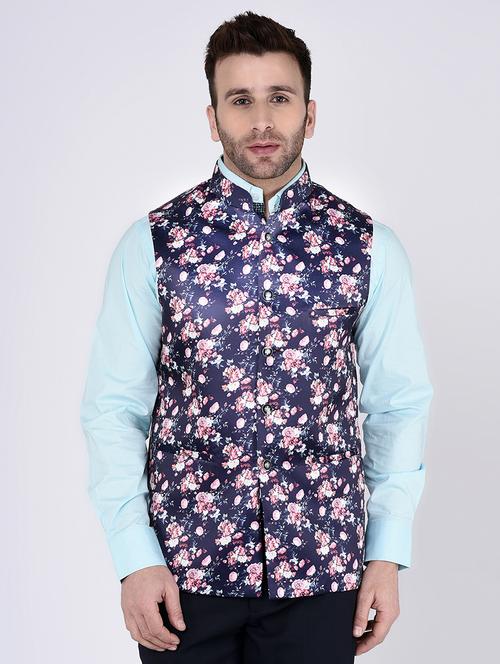 navy blue terry rayon nehru jacket - 15973467 - Standard Image - 1