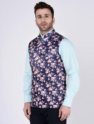 navy blue terry rayon nehru jacket - 15973467 - Standard Image - 2