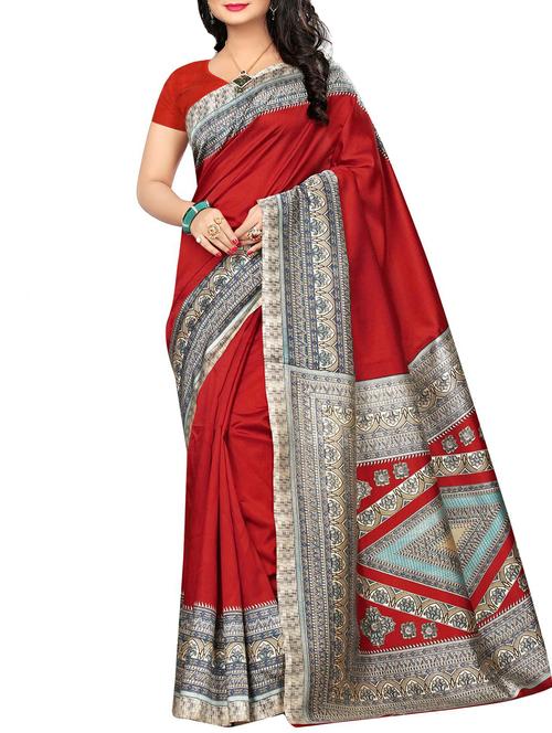 contrast border red printed saree with blouse - 15975714 - Very Small Image - 1
