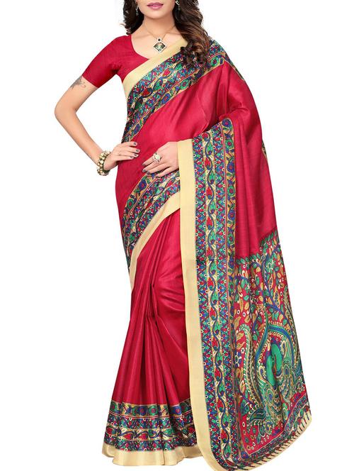 kalamkari border red printed saree with blouse - 15975724 - Very Small Image - 1