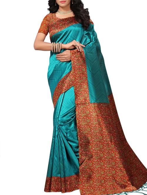 kalamkari border turquoise mysore silk saree with blouse - 15975810 - Standard Image - 1