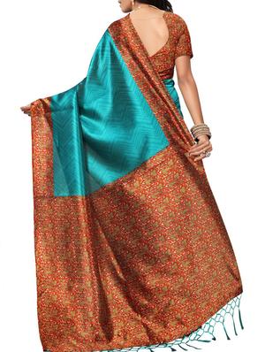 kalamkari border turquoise mysore silk saree with blouse - 15975810 - Standard Image - 2