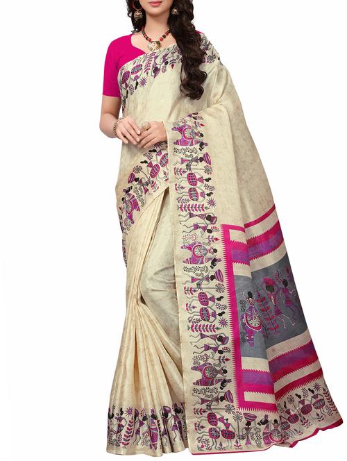 warli border beige printed saree with blouse - 15975823 - Standard Image - 1