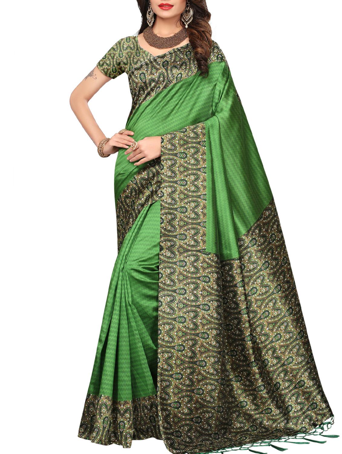 printed border green mysore silk saree with blouse - 15976133 - Zoom Image - 1